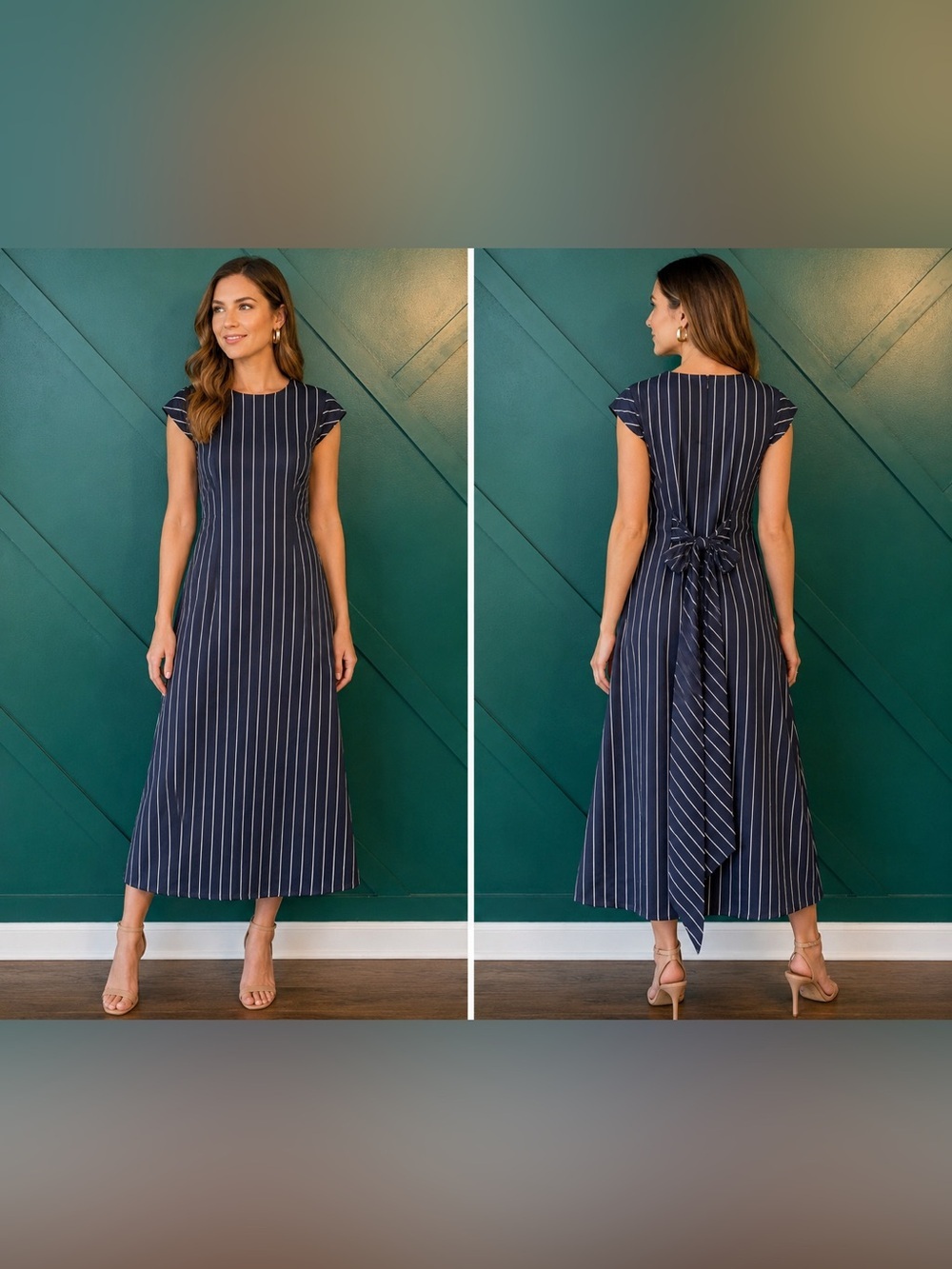 Navy Pinstripe Tie Back Maxi Dress Elegant Minimalist Midi Nautical Dress